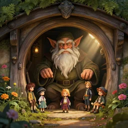 a wise old troll inside a medieval hobbit house, ornate, beautiful, atmosphere, vibe, flowers, concept art illustration, color page, 4 k, tone mapping, doll, akihiko yoshida, james jean, andrei riabovitchev, marc simonetti, yoshitaka amano, digital illustration, greg rutowski, volumetric lighting, sunbeams, particles