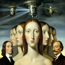 infinite female faces, maddening forbidden knowledge, strange machine buzzing in the sky by rene magritte and salvadore dali