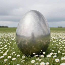 a giant metallic egg sitting in a meadow of daises, overcast day