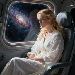 pretty woman with blond hair and flowing white robes, sitting sad in spaceship, gazing at view of galaxy in space through a window, by jim burns, peter andrew jones, michael hutter, sharp digital painting. dreaming latent space. matte painting, concept art. artstation. digital render.