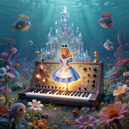 ! dream a centered render of intricate modular synthesizer of alice in wonderland, shining its light across a tumultuous sea of flowers, undersea animals and one gothic crystal temple by dorothea tanning and salvador dali, trending on artstation, cyber punk, soft color, unreal engine, high detailed, 8 k