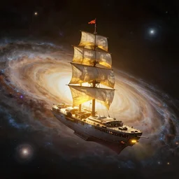 Photorealistic epic science fiction painting of one solitary flying tall ship in space, flying past galaxies, by Rodney Matthews and Roger Dean.  photorealism, UHD, amazing depth, glowing, golden ratio, 3D octane cycle unreal engine 5, volumetric lighting, cinematic lighting, cgstation artstation concept art
