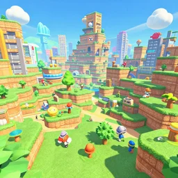 an in game new donk city landscape from super mario odyssey, super mario odyssey art style.