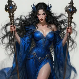 Tessa Thompson as a sorceress , passionate , seductive, sweaty,  intricate dressed in ornate blue robes and staff, insane, intricate,  highly detailed, digital painting, artstation, concept art, smooth, sharp focus, illustration, Unreal Engine 5, 8K, art by artgerm and  greg rutkowski and alphonse mucha