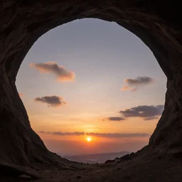 a cave openung reveling beautiful sunset with clouds