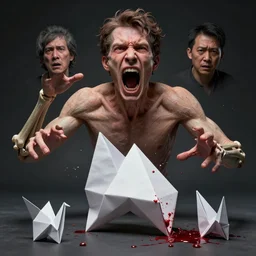 hyperrealistic mixed media image of man screaming in terror being folded into origami, broken bones and blood, stunning 3 d render inspired art by greg rutkowski and xiang duan and thomas eakes, perfect symmetry, flesh texture, realistic, highly detailed attributes and atmosphere, dim volumetric cinematic lighting, 8 k octane detailed render, post - processing, masterpiece,