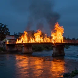 burning bridge over a river, rayo
