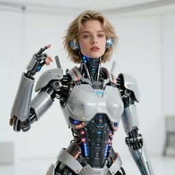 portrait of blissed out young demi moore as a solarpunk mecha humanoid robotic parts with bright led lights, real human face, pudica pose gesture, by michelangelo, in white room, ultra - realistic and intricate, portrait shot 8 k