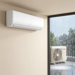 seen a profile wall with an air conditioner in the room and an air conditioner on the terrace with water flooding