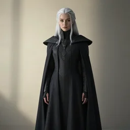 beautiful girl with ice white hair wearing long futuristic highly detailed dark cloak designed by yohji yamamoto standing in a shadow of the soft light, soft muted colors, simple shapes, by tim berton, golden ratio, perfect composition, dramatic, medium close - up ( mcu ), cannon ef 6 5 mm f / 2. 8