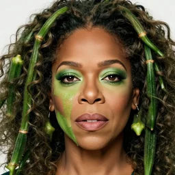 a dish of oprah winfreys face fused with okra veg with green stalky ( ( green oprah winfrey's face ) ), oprah okra winfrey sentient veg, by greg rutkowski