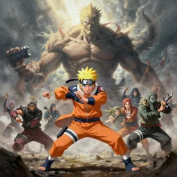 highly detailed painting of uzumaki naruto fighting a looming demigod, dramatic, sense of scale, stephen bliss, unreal engine, greg rutkowski, ilya kuvshinov, ross draws, hyung tae and frank frazetta, tom bagshaw, tom whalen, nicoletta ceccoli, mark ryden, earl norem, global illumination, god rays, windswept