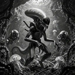 xenomorph greeting ocean divers emerging from the walls of a sunken tunnel rotting, beksinski, bruehgel, black and white, spikes, rot, black, detailed background, photograph, masterpiece, alien bifurcated hydromedusa gel shell