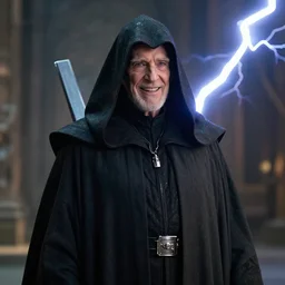 a cinematic still of (Ian McDiarmid!!!) as palpatine, wearing sith hood, Ian McDiarmid, (octane render, nvidia raytracing demo!!), ((((lightning)))), (grin), masterpiece