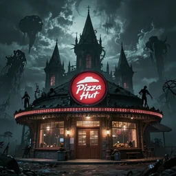 a photograph of the exterior of a spooky Pizza Hut in a dark fantasy realm with an apocalyptic sky