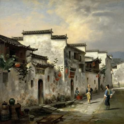a painting of hongcun ancient village houses by canaletto and caravaggio and aaron horkey, dramatic lighting, analogous complementary colour scheme