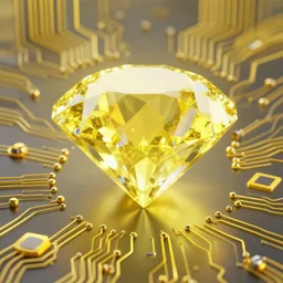 computer circuitry scattered throughout the inside of a dream of a diamond, yellow water-cooling coolant, trending on artstation, digital art, octane render, ray-tracing, 4k desktop background