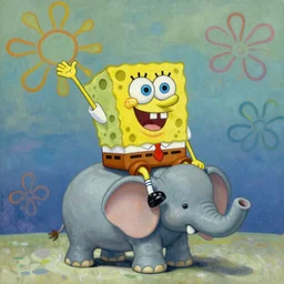spongebob riding a elephant oil painting
