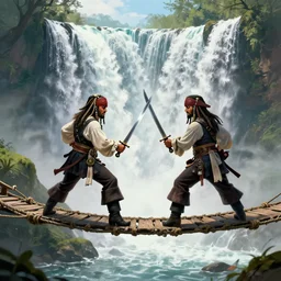two pirates having a sword duel on top of a rope bridge in front of a large waterfall, digital art