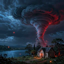 undulating clouds, tornado, trees, old residence, lake, dark atmosphere, blue color, dark red color, glowing orbs, glowing lights, surreal, infographic, epic fantasy, digital art, concept art, detailed illustration, hd, 4 k, highly saturated colors, digital art, mike franchina, trending on artstation