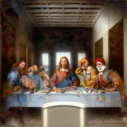 leonardo da vinci ´ s last supper in mc donalds, with ronald mc donalds as judas, oil in canvas