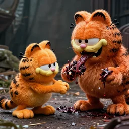 still of Garfield monster feeding off of Jon soul, Garfield Garfield Garfield, horror movie directed by David Cronenberg and Jörg Buttgereit (1973), dramatic photography, look what you have done, existence is pain, gruesome death