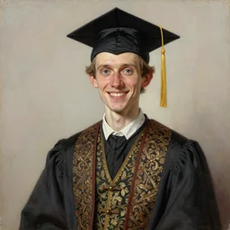 portrait painting of a skinny happy male scholar wearing fancy clothes and a cap, sharp focus, award - winning, trending on artstation, masterpiece, highly detailed, intricate. art by rebecca guay