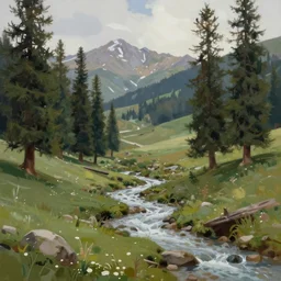 mountain valley dotted with pine trees with a stream flowing through it, by ismail inceoglu, detailed digital painting, concept art, brushstrokes, elegant, calming, serene, 8 k