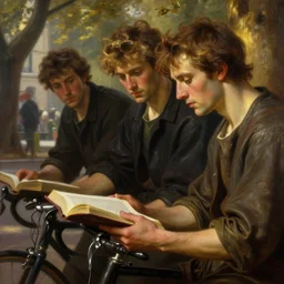 beautiful oil matte painting, cyclist men reading the bible in the city park, detailed faces, wonderful masterpiece, highly detailed, beautiful cinematic light, deep focus, elegant, smooth, sharp focus, golden ratio, dramatic illumination, ultra realistic, 8 k, art by greg rutkowski, gaston bussiere and caravaggio