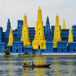 a man on a small boat on a river with fractal city by tarkovsky, ancient high blue buildings, yellow highly vertical classical temples, leica sl 2 3 5 mm, high quality, high detail