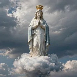 virgin mary statue made of cloud standing on dramatic clouds in sky