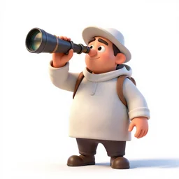jovial astronomer with telescope, stylized pixar-style 3d render, full body, standing, isolated on a pure white background, centered, whole figure in frame, sharp focus, studio lighting