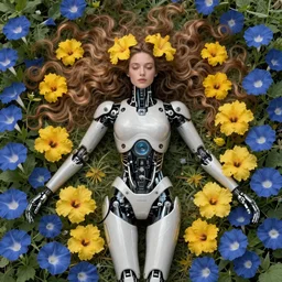 a beautiful intricate fine art portrait photo of a cyborg with bionic implants, epic wavy hair spread out around her lined with yellow hibiscus, lying on a bed of morning glory flowers, by natalie shau, tom bagshaw and michal karcz, masterpiece!, futuristic robot body, top view, studio lighting, golden ratio composition, 3 5 mm lens, deep depth of field, artstation, 8 k