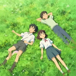 a couple of people laying on top of a lush green field, concept art by makoto shinkai, featured on pixiv, fantasy art, official art, dynamic pose, 2 d game art