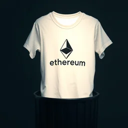 a photo of a white t - shirt!!!! with an'ethereum '!!!! logo with an'ethereum '!!!! logo inside a trash can, product photo, photorealism, contrast lighting, front lit