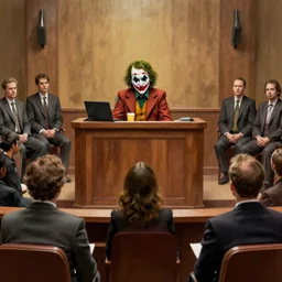 courtroom sketch of the Joker on trial for public intoxication, judged by a jury of his peers