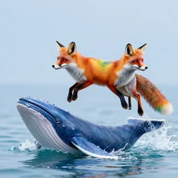 rainbow colored fox jumping out of the water like a whale