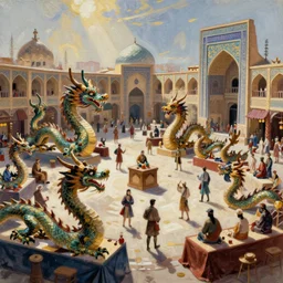 a concept art matte painting in the style of orientalism of dragons on display in a dragon auction in the grand bazaar of isfahan by greg rutkowski and edwin lord weeks, speed painting with brush strokes of dragons in a dragon market