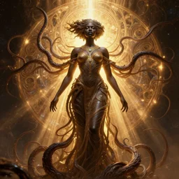 digital art by h r giger, black african princess, enveloped by alien tendrils, warm volumetric lighting, cosmic, symmetric, highly detailed, elegant, concept art, heavenly, god rays, glowing aura, intricate, sharp focus, illustration, alexandros pyromallis, bouguereau, rutkowski, artgerm, alphonse mucha