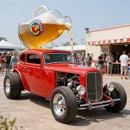 giant hotrod drinking oil like a beer, hyper realistic, award winning photo, in the style of Ed Roth