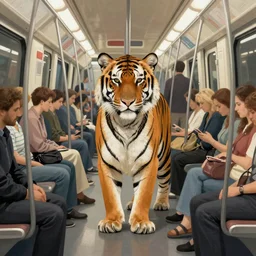 A tiger (Panthera Tigris) standing among passengers in the Paris metro. Digital art, beautiful colors, matte painting