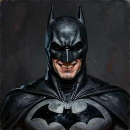 portrait painting of the batman who laughs, sharp focus, award - winning, dark fantasy, eerie, trending on artstation, masterpiece, highly detailed, intricate. art by josan gonzales and moebius and deathburger
