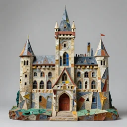 sculpture of 🏰, made of recycled materials, detailed, cubism, full color hd, max ernst