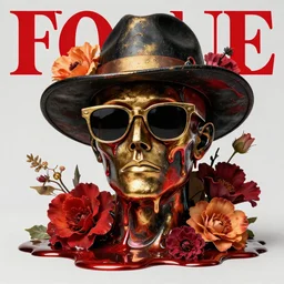 a head made out of melting metal, it is of black and golden and red color, it is wearing sunglasses and a hat, there are flowers all around it, melting, vogue cover style, greg rutkowski style, demonic style, artgerm style