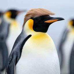 an emperor penguin with the hair of Donald Trump