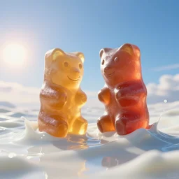 side view of a couple oversized huge gummi bears that float on white vitamin d milk ocean of gentle rolling waves of white milk. blue sky morning sun on horizon. digital art, cgsociety award winner, ue 5, 4 k, dramatic lighting, subsurface scatter, hdr, dues ex.
