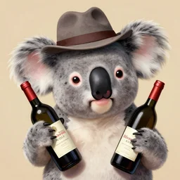 portrait of a koala artist with a hat and holding a wine bottle, drunk, award winning art, nft - style art, cartoon, detailed. by rossdraw