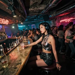 photograph of a retro techwear women near the bar of a packed busy rundown nightclub, retrofuturism, brutalism, cyberpunk, sigma 85mm f/1.4, 15mm, 35mm, tilted frame, long exposure, 4k, high resolution, 4k, 8k, hd, wide angle lens, highly detailed, full color, harsh light and shadow