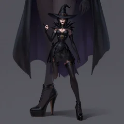 dark witch wearing high heels, fullbody and head view, highly detailed, artgerm style, artstation, soft light, sharp focus, illustration, character design, concept art