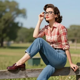 Woman from 1950s posing on a fence. She is wearing penny loafers, rolled jeans and a plaid shirt. Her hair is styled in a classic 1950s style and she is wearing cat eye glasses. She looks like she is enjoying the sunny day and the view from her perch on the fence, digital art, smooth, sharp focus, bokeh, concept art, wlop